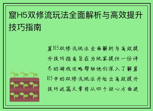 窟H5双修流玩法全面解析与高效提升技巧指南