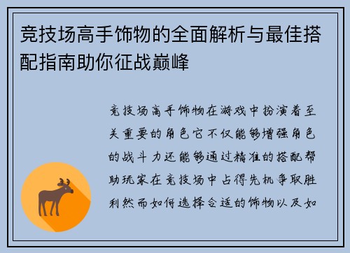 竞技场高手饰物的全面解析与最佳搭配指南助你征战巅峰